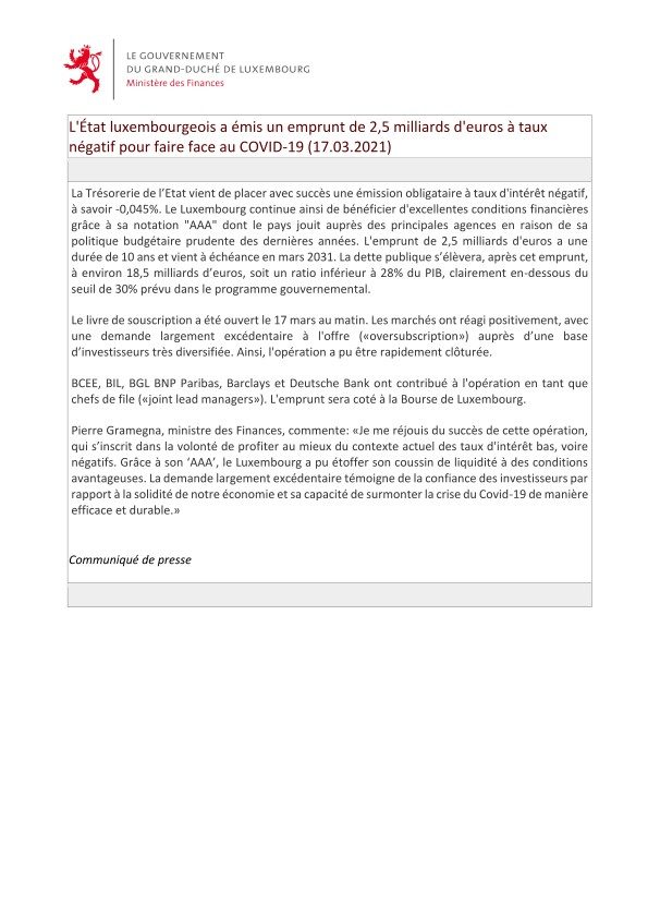 Grand-Duché de Luxembourg  - emprunt 2,5 mia EUR - communiqué de presse (17.03.2021)