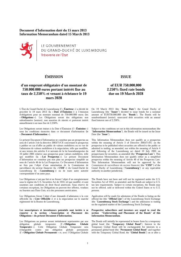 Information memorandum Luxemburg 15 year 0,75bn EUR government bond issue (15.03.2013)