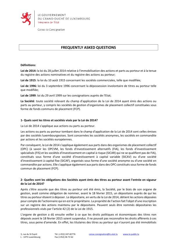 Caisse de consignation - Frequently asked questions - loi 2014 immobilisation titres